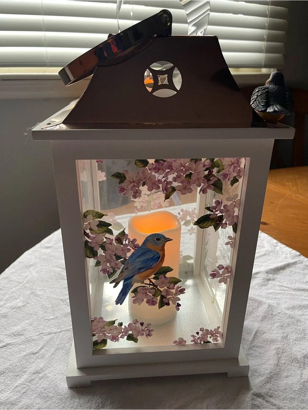 White & Copper Bird Memorial Lantern Decorative Cabinet with Floral Glass